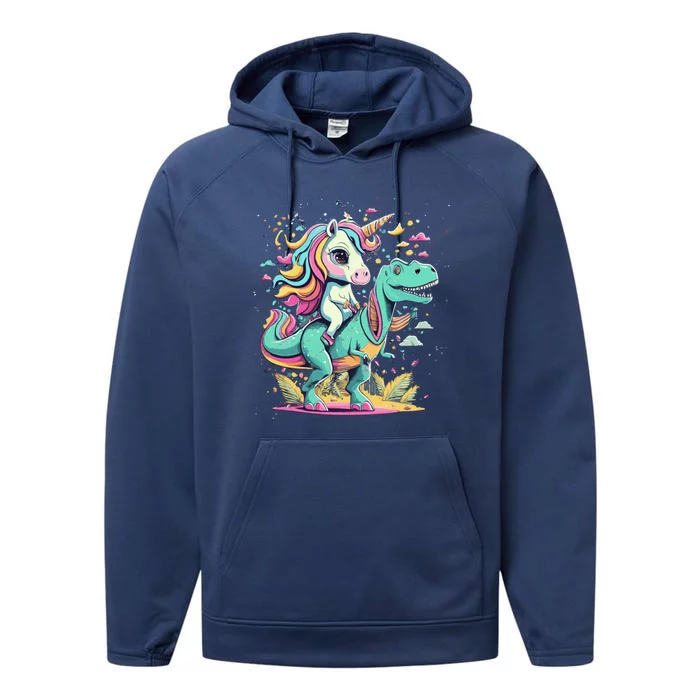 Unicorn Riding Dinosaur T Rex Cool Gift Performance Fleece Hoodie