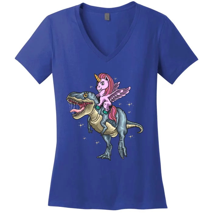 Unicorn Riding Dinosaur T Rex Meaningful Gift Women's V-Neck T-Shirt