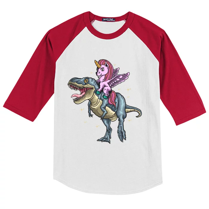 Unicorn Riding Dinosaur T Rex Meaningful Gift Kids Colorblock Raglan Jersey