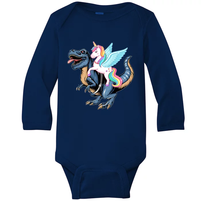 Unicorn Riding Dinosaur T Rex Gift Baby Long Sleeve Bodysuit