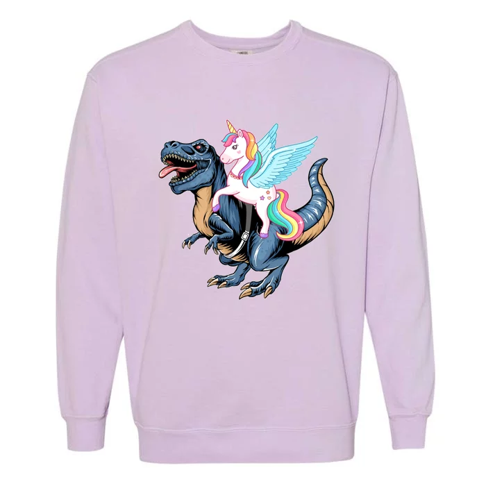 Unicorn Riding Dinosaur T Rex Gift Garment-Dyed Sweatshirt