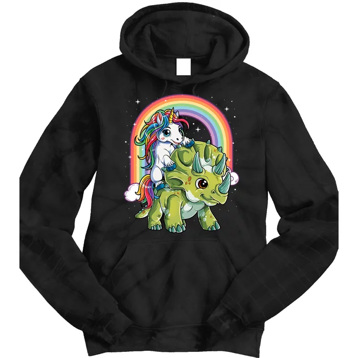 Unicorn Riding Dinosaur Triceratops Rainbow Tie Dye Hoodie