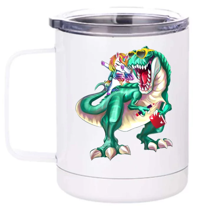 Unicorn Riding Dinosaur Wearing Sunglasses School Funny Gift Front & Back 12oz Stainless Steel Tumbler Cup