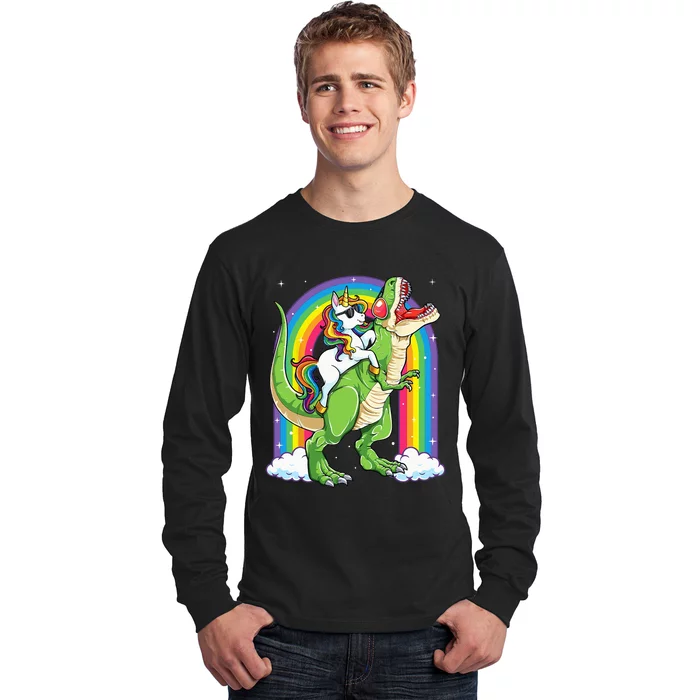 Unicorn Riding Dinosaur T rex Rainbow Long Sleeve Shirt