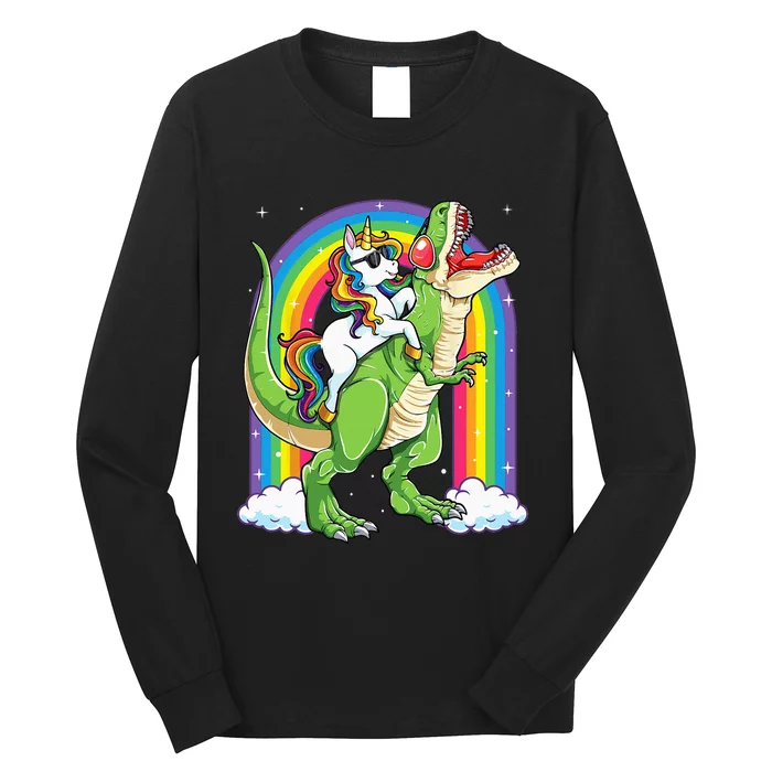 Unicorn Riding Dinosaur T rex Rainbow Long Sleeve Shirt