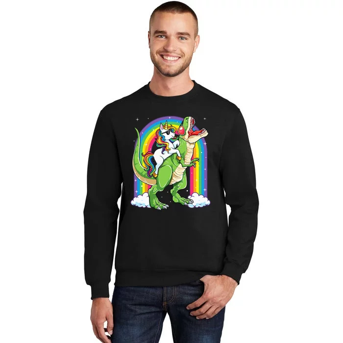 Unicorn Riding Dinosaur T rex Rainbow Tall Sweatshirt