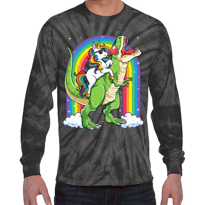 Unicorn Riding Dinosaur T rex Rainbow Tie-Dye Long Sleeve Shirt