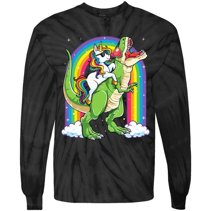 Unicorn Riding Dinosaur T rex Rainbow Tie-Dye Long Sleeve Shirt