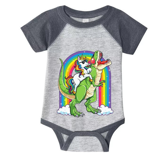 Unicorn Riding Dinosaur T rex Rainbow Infant Baby Jersey Bodysuit