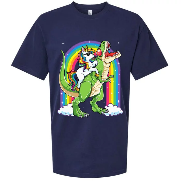 Unicorn Riding Dinosaur T rex Rainbow Sueded Cloud Jersey T-Shirt