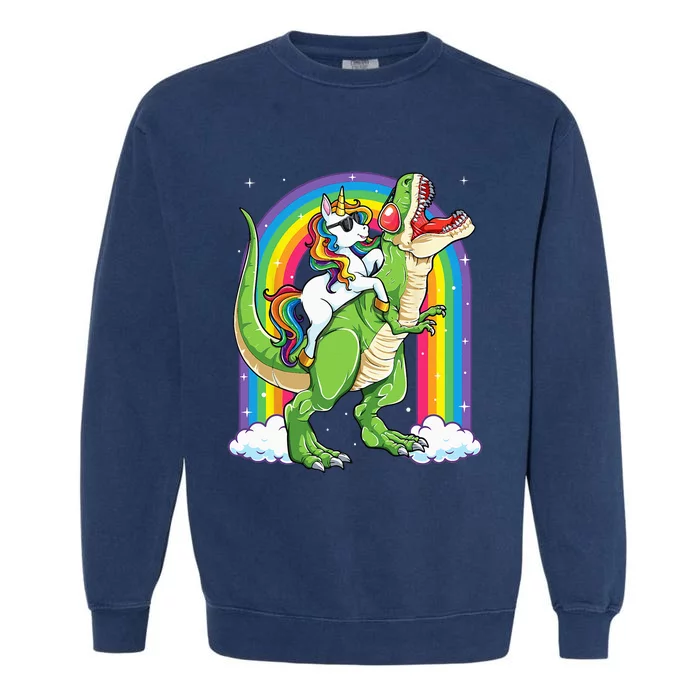 Unicorn Riding Dinosaur T rex Rainbow Garment-Dyed Sweatshirt