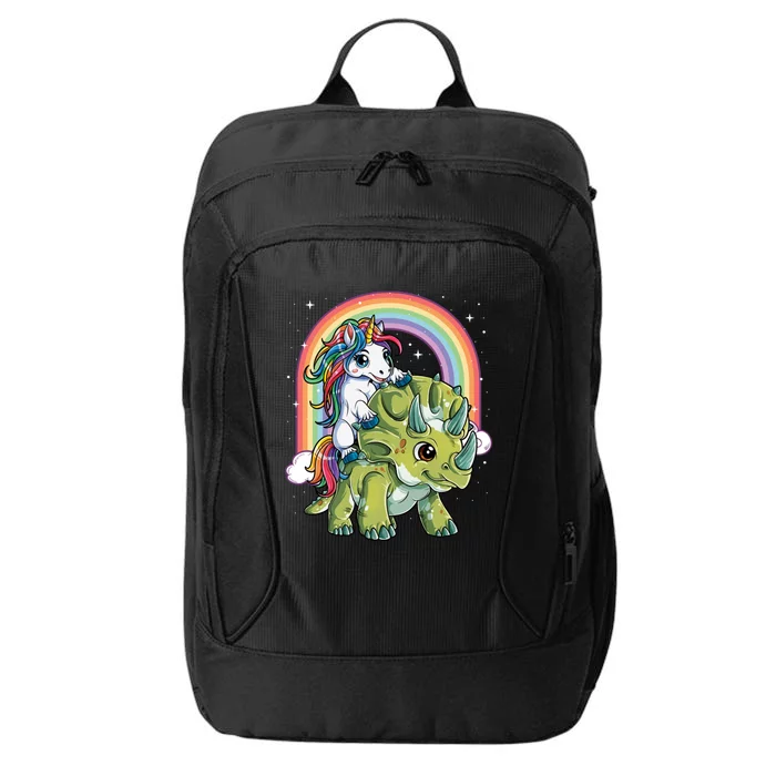 Unicorn Riding Dinosaur Triceratops Funny Boys Girls Rainbow Gift City Backpack