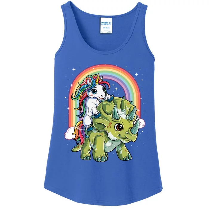 Unicorn Riding Dinosaur Triceratops Funny Boys Girls Rainbow Gift Ladies Essential Tank