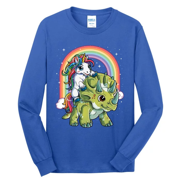 Unicorn Riding Dinosaur Triceratops Funny Boys Girls Rainbow Gift Tall Long Sleeve T-Shirt