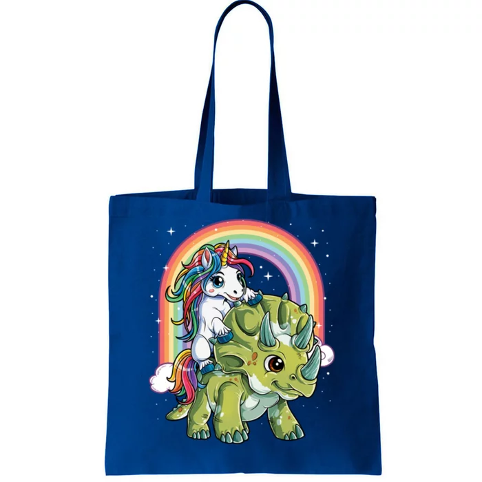 Unicorn Riding Dinosaur Triceratops Funny Boys Girls Rainbow Gift Tote Bag