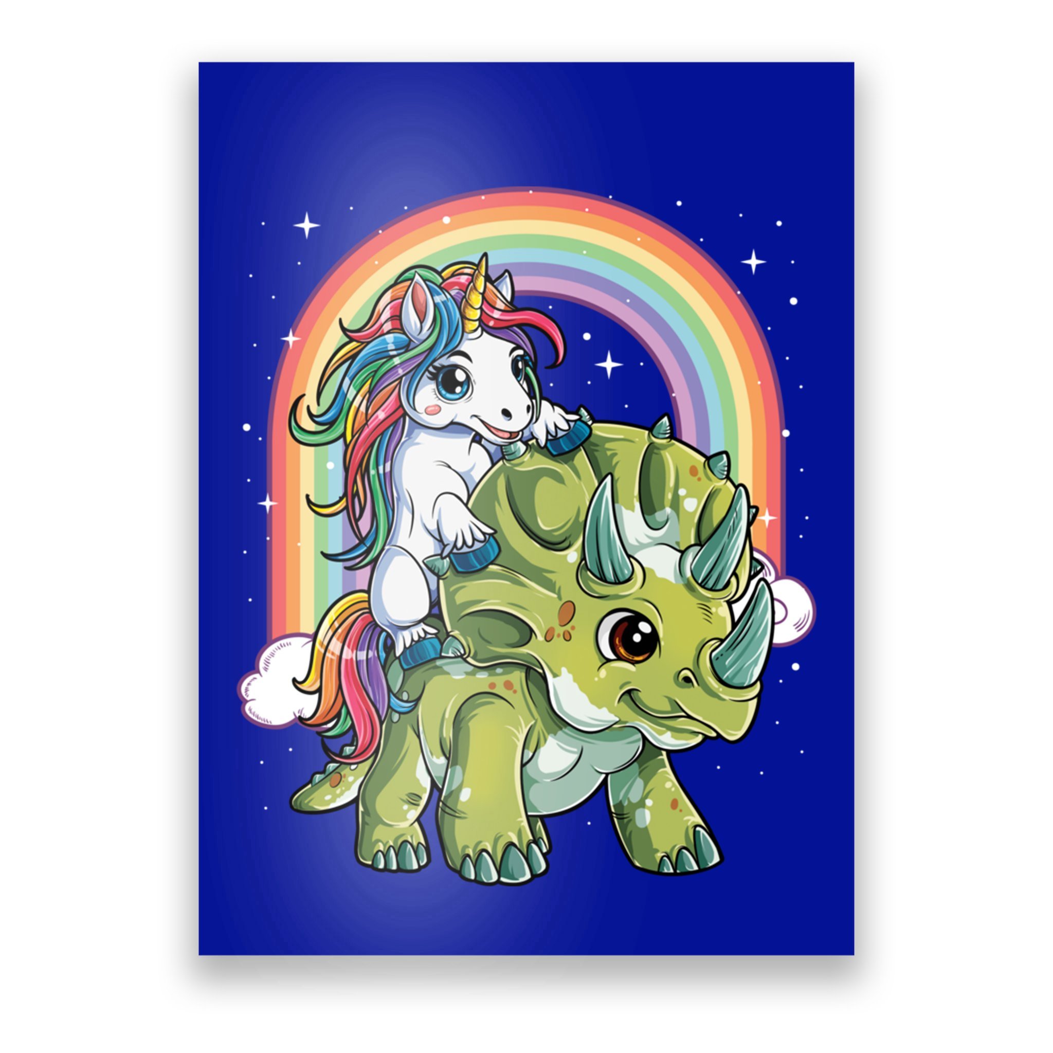 Unicorn Riding Dinosaur Triceratops Funny Boys Girls Rainbow Gift Poster