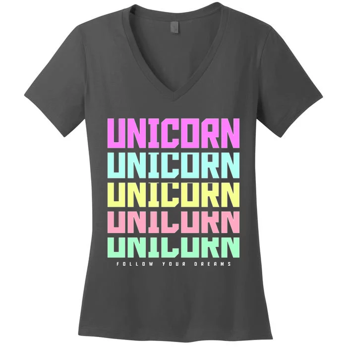 Unicorn Repeat Follow Your Dream Women's V-Neck T-Shirt