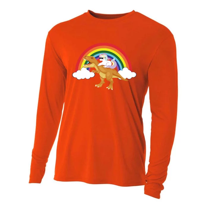 Unicorns Rainbow Funny Gift Unicorn Riding T Rex Dinosaur Cute Gift Cooling Performance Long Sleeve Crew