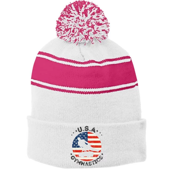 Usa Retro Gymnastics Team Vintage Support Usa Gymnastics Stripe Pom Pom Beanie