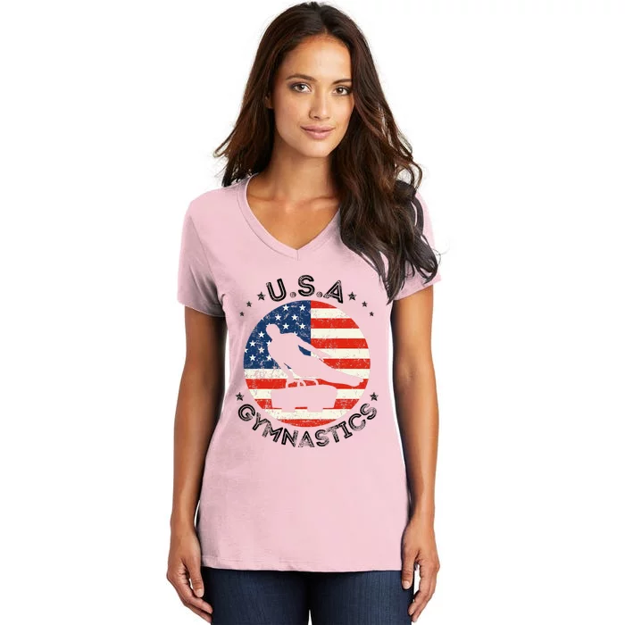 Usa Retro Gymnastics Team Vintage Support Usa Gymnastics Women's V-Neck T-Shirt