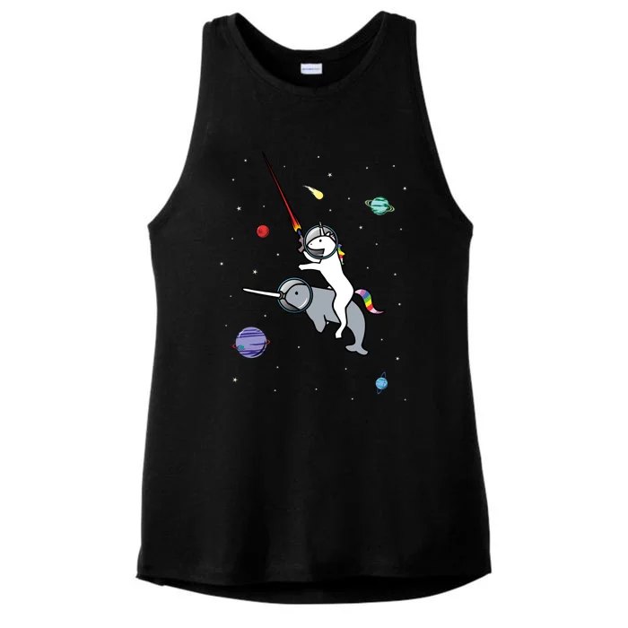 Unicorn Riding Narwhal In Space Ladies Tri-Blend Wicking Tank