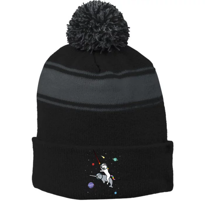 Unicorn Riding Narwhal In Space Stripe Pom Pom Beanie