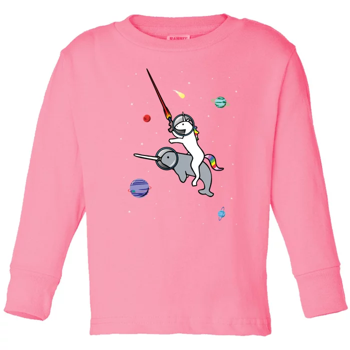 Unicorn Riding Narwhal In Space Toddler Long Sleeve Shirt