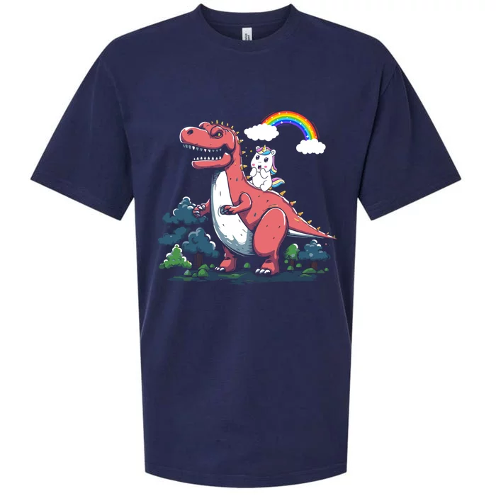 Unicorn Riding On Dinosaur Rainbow Gift Sueded Cloud Jersey T-Shirt