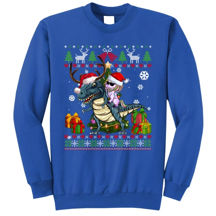 Unicorn Riding On Dinosaur Santa Hat Ugly Christmas Sweater Gift Tall Sweatshirt