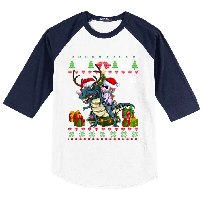 Unicorn Riding On Dinosaur Santa Hat Ugly Christmas Sweater Gift Baseball Sleeve Shirt