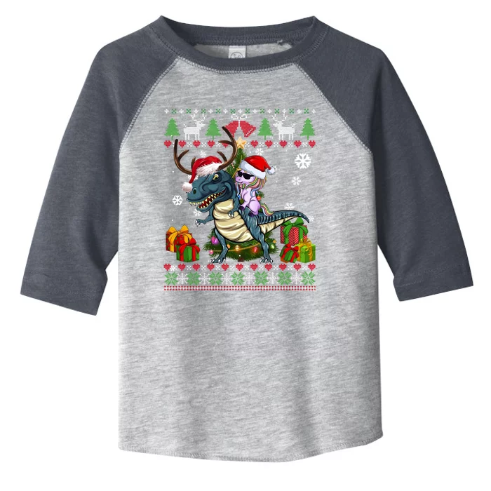 Unicorn Riding On Dinosaur Santa Hat Ugly Christmas Sweater Gift Toddler Fine Jersey T-Shirt