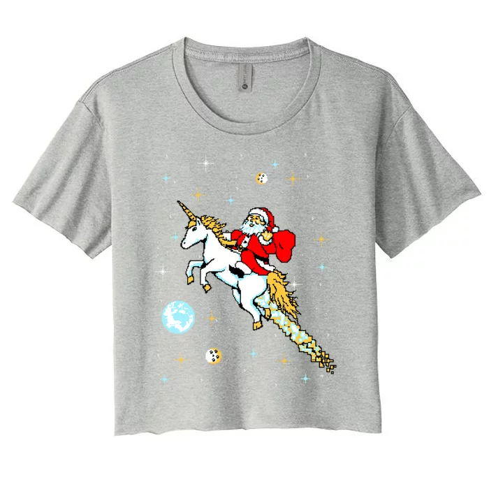 Unicorn Riding Space Pixel Santa Christmas Gift Women's Crop Top Tee