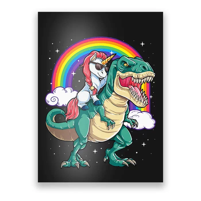 Unicorn Riding T rex Dinosaur  Rainbow Poster