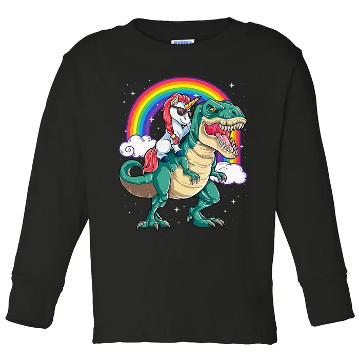 Unicorn Riding T rex Dinosaur  Rainbow Toddler Long Sleeve Shirt