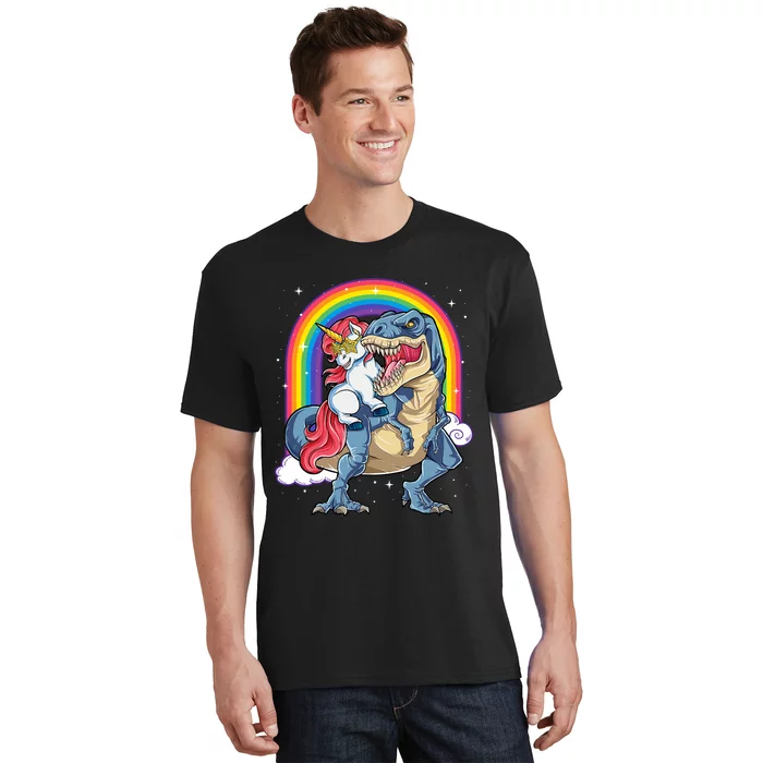 Unicorn Riding T Rex Dinosaur Rainbow T-Shirt