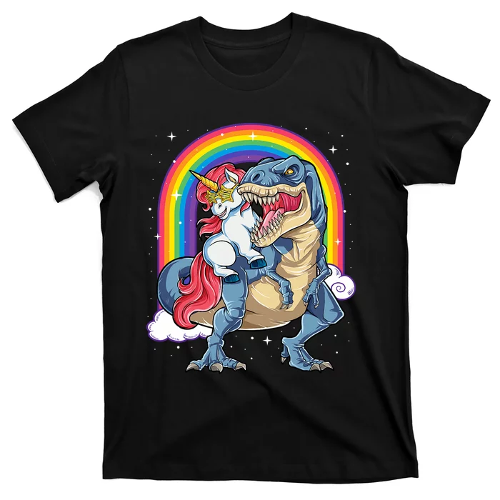 Unicorn Riding T Rex Dinosaur Rainbow T-Shirt