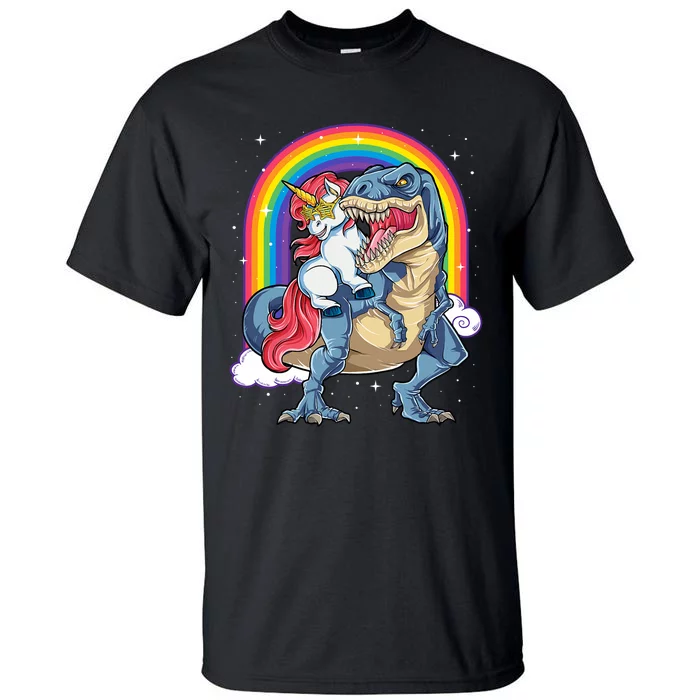 Unicorn Riding T Rex Dinosaur Rainbow Tall T-Shirt