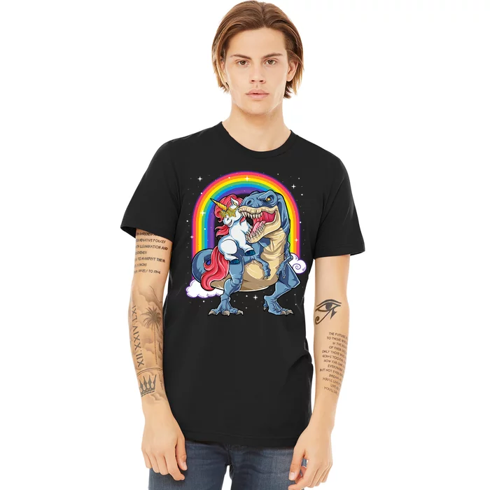 Unicorn Riding T Rex Dinosaur Rainbow Premium T-Shirt