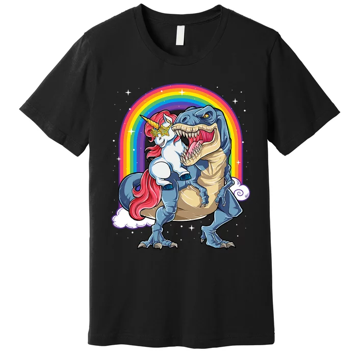 Unicorn Riding T Rex Dinosaur Rainbow Premium T-Shirt