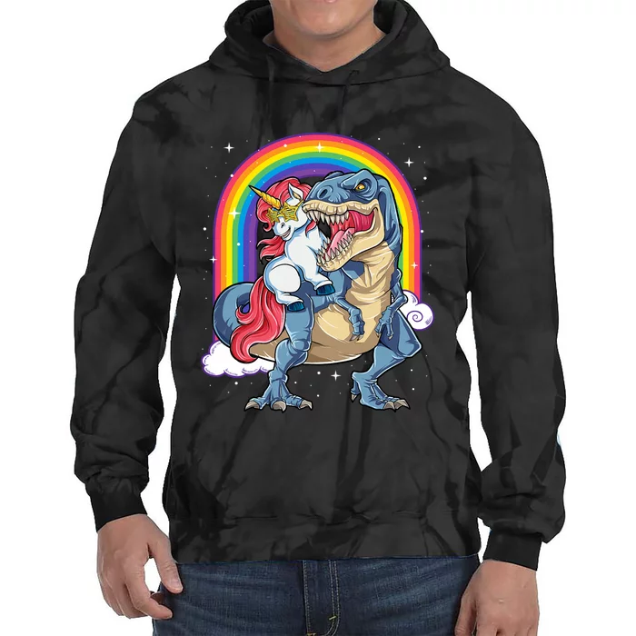 Unicorn Riding T Rex Dinosaur Rainbow Tie Dye Hoodie