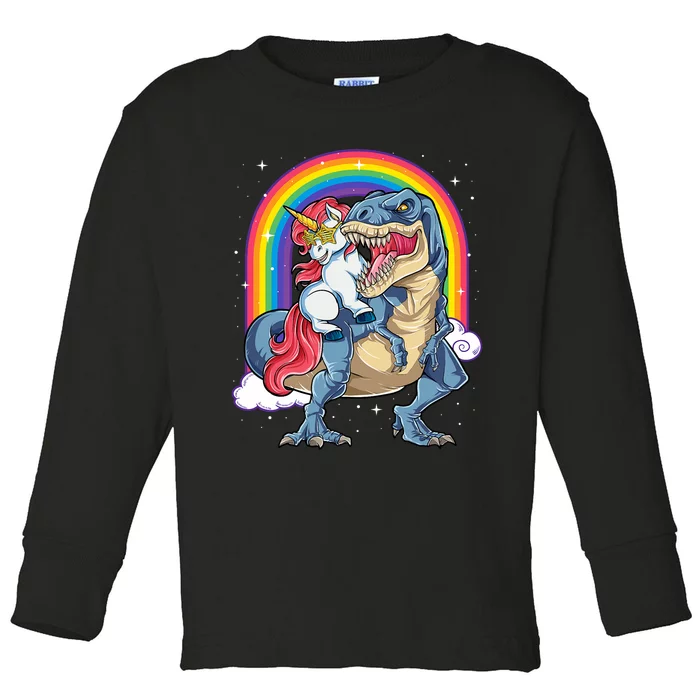 Unicorn Riding T Rex Dinosaur Rainbow Toddler Long Sleeve Shirt