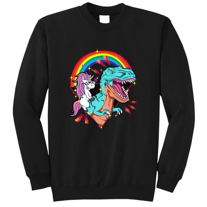 Unicorn Riding Trex Funny Rainbow Tall Sweatshirt