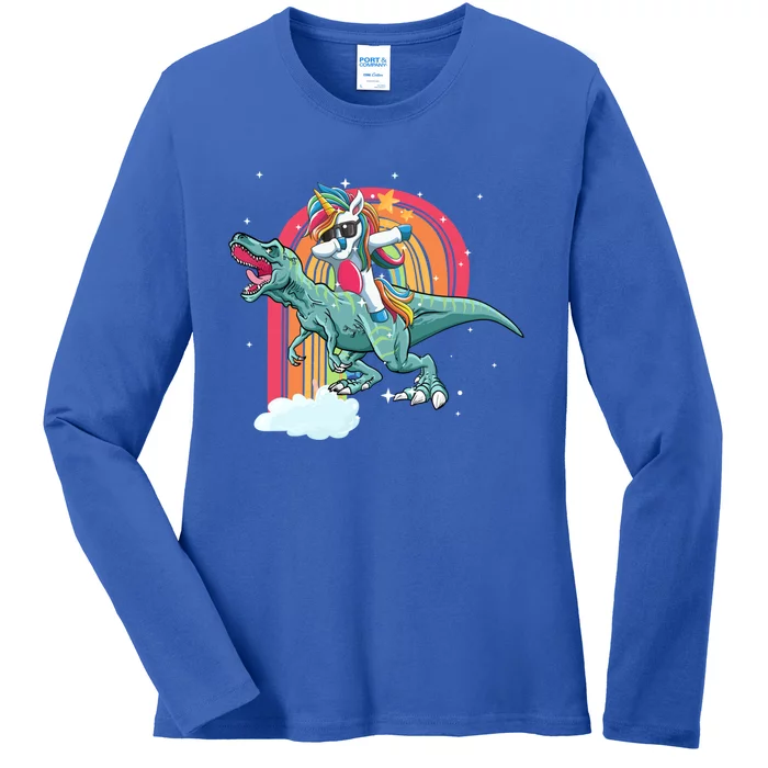 Unicorn Riding T Rex Dinosaur Rainbow Cool Gift Ladies Long Sleeve Shirt