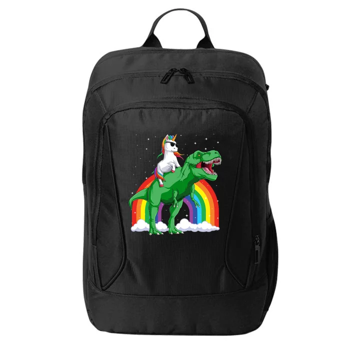 Unicorn Riding T Rex Dinosaur Rainbow Gift City Backpack