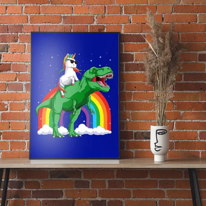 Unicorn Riding T Rex Dinosaur Rainbow Gift Poster