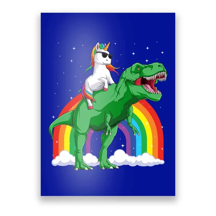 Unicorn Riding T Rex Dinosaur Rainbow Gift Poster