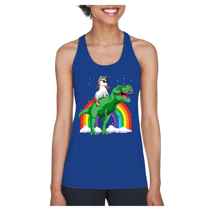 Unicorn Riding T Rex Dinosaur Rainbow Gift Women's Racerback Tank