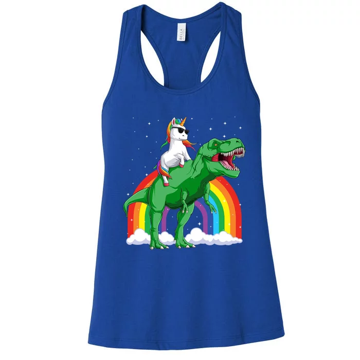 Unicorn Riding T Rex Dinosaur Rainbow Gift Women's Racerback Tank