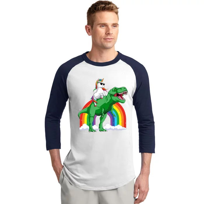 Unicorn Riding T Rex Dinosaur Rainbow Gift Baseball Sleeve Shirt