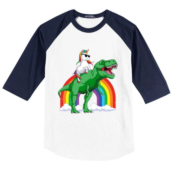 Unicorn Riding T Rex Dinosaur Rainbow Gift Baseball Sleeve Shirt